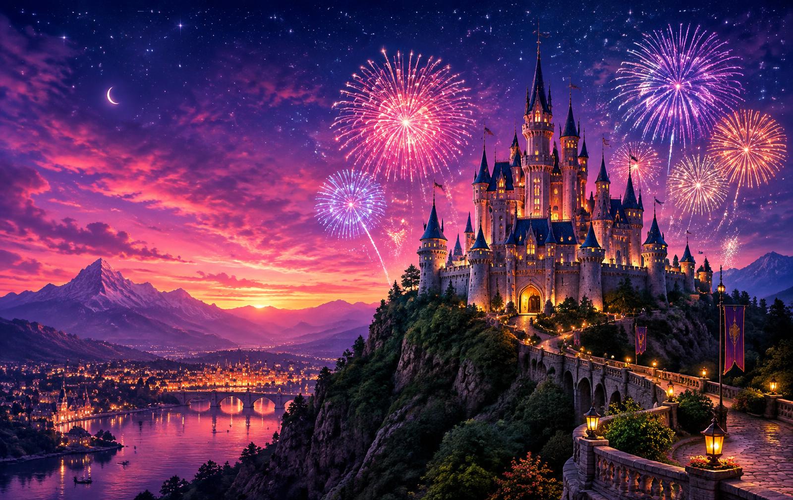 Castillo mágico con fuegos artificiales